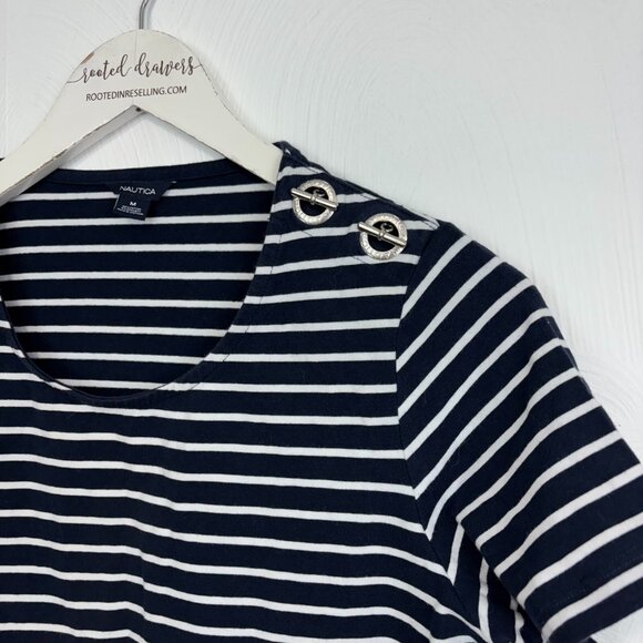 Nautica Striped T-Shirt Navy Blue White Short Sleeve Pullover Casual Grommets M - Picture 2 of 4